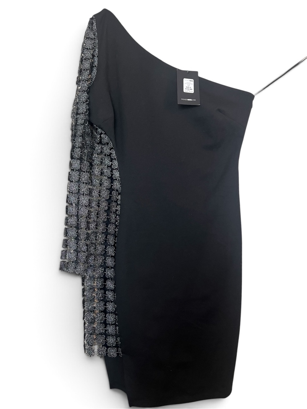 Fashion Nova Black One-Shoulder Cocktail Dress with Silver Beaded Sleeve